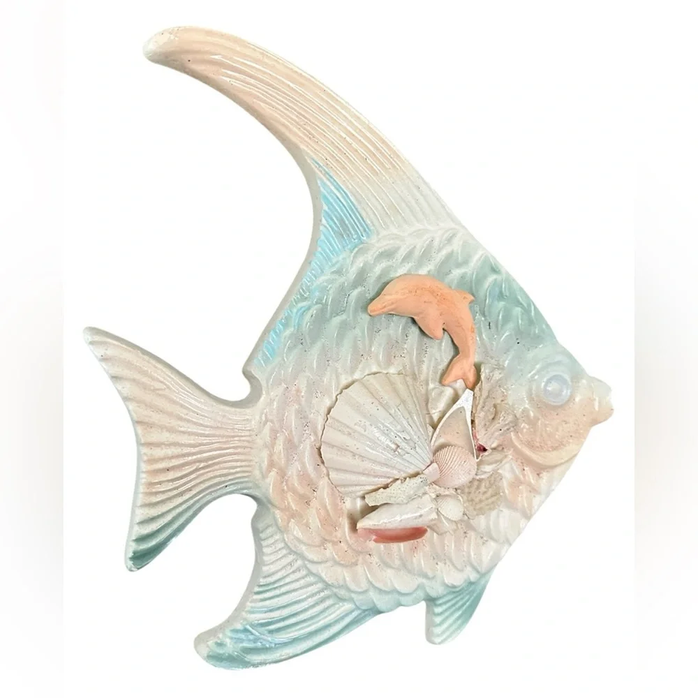 Angel Fish Chalkware Wall Nautical Decor Shells Vintage 1960’s 13”